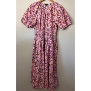 J.Crew Midi Dress Womens L Pink Floral Fields Smocked Waist Puff Sleeve Pockets